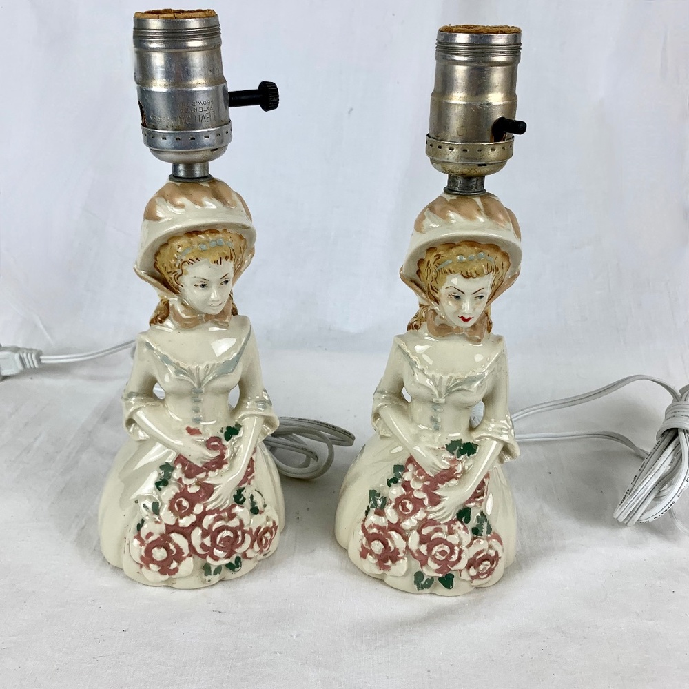 Pair Vintage Boudoir Bedside Lamps Bonnet Southern Lady Ceramic Holding Roses